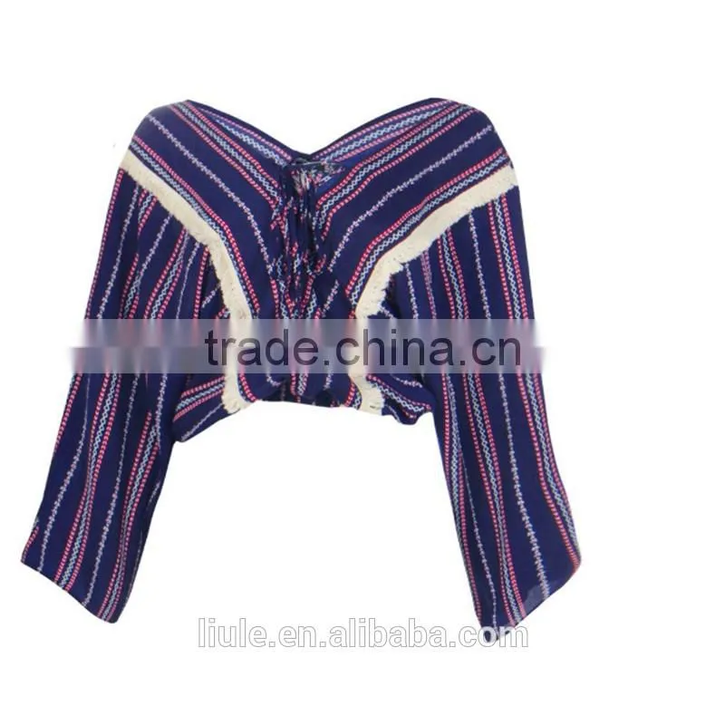 New fashion tassel trim lace up printed blouse women latest blouse