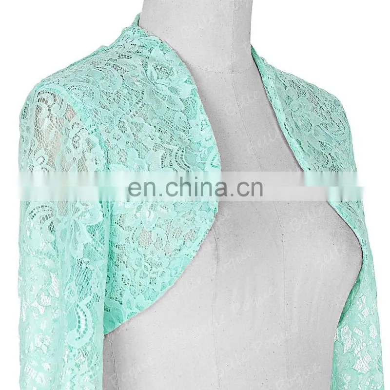 Stock Womens Ladies Long Sleeve Cropped Pale Turquoise Lace Shrug Bolero BP000049-3