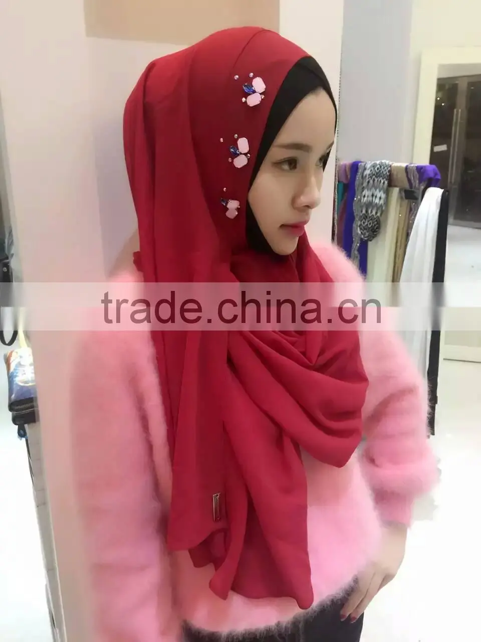 20COLORS popular senior chiffon instant headscarf handmade beading women's islamic scarf