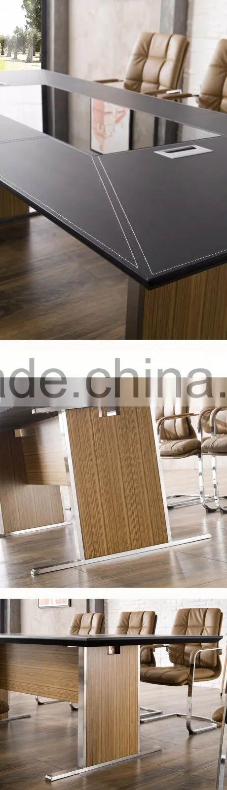 Luxury office furniture decoration black tempered glass top leather cover conference room table with power outlet