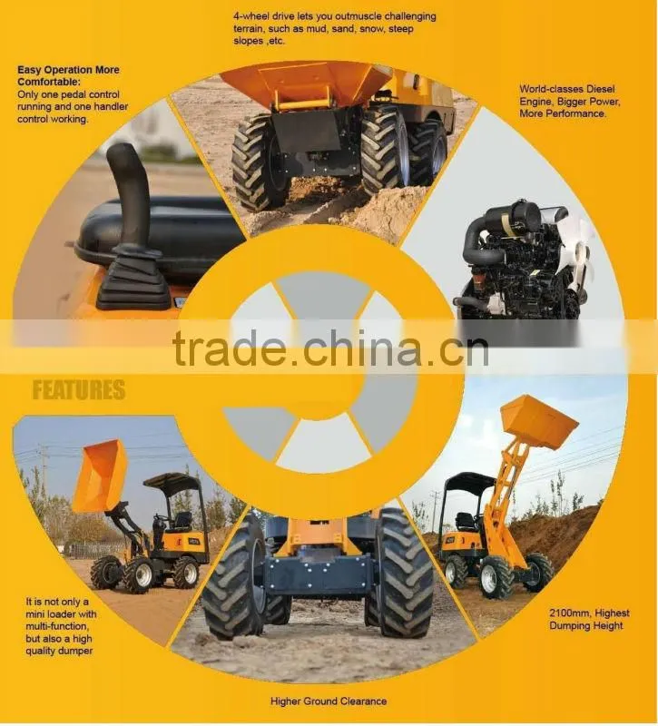 mini wheel loader 4wd,load 1.0ton,can change to dumper easily