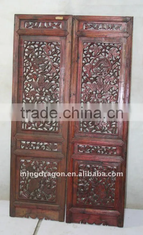 Antique Chinese Head Carved Wood Window Pane Blossom Panel Shutter