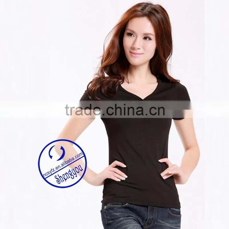 custom 100 viscose v-neck t shirt women wholesale
