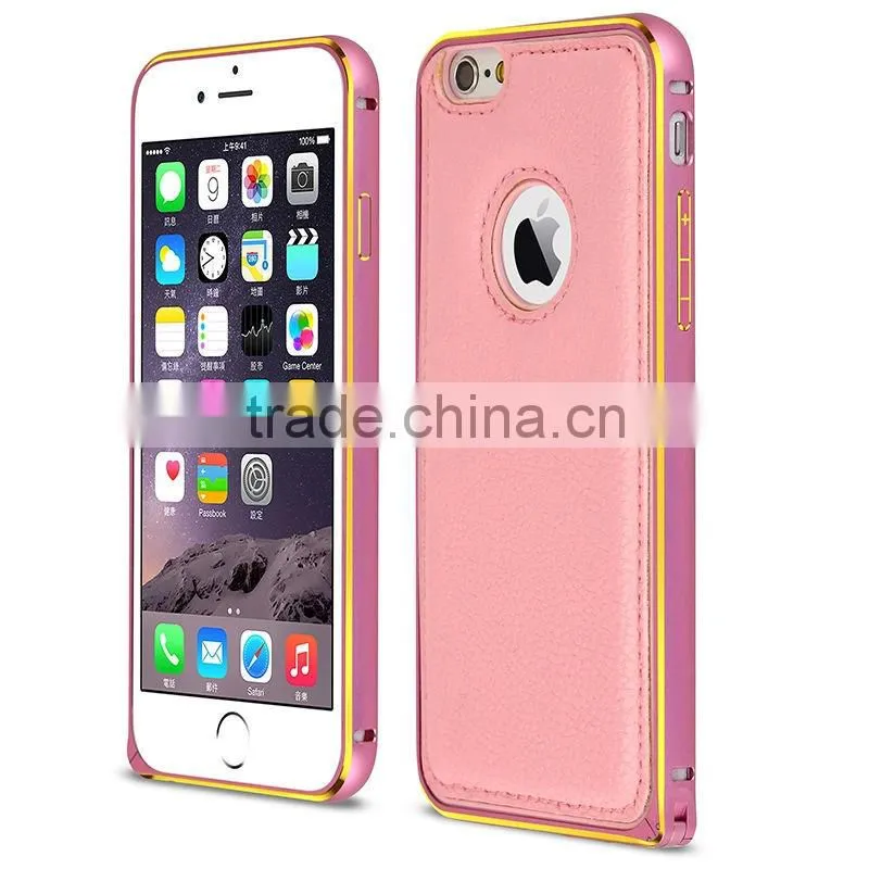 leather cheap mobile phone case for iphone 6 plus aluminum metal bumper with leather flip phone case