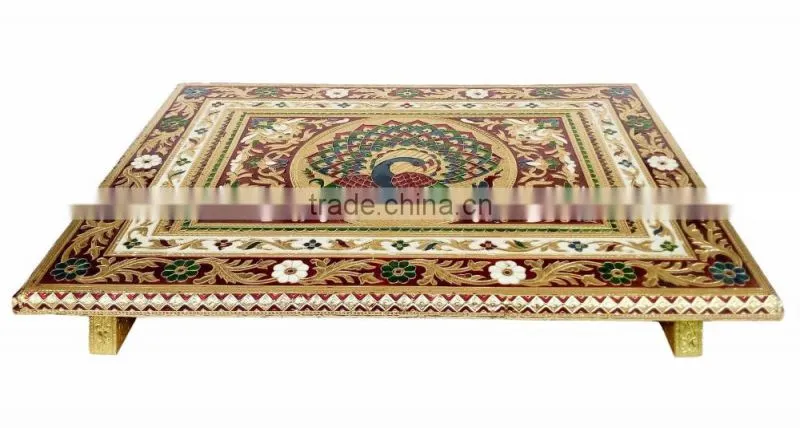 RAJWADI CHOWKI-PATLA / SITTING STOOL - PEACOCK DESIGNED WOODEN HANDMADE 15"x21"x3" CHOWKI PATLA-G.M.
