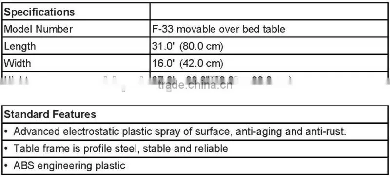 2016 F-33 ABS hospital movable over bed table, hospital bed dining table, hospital food tray