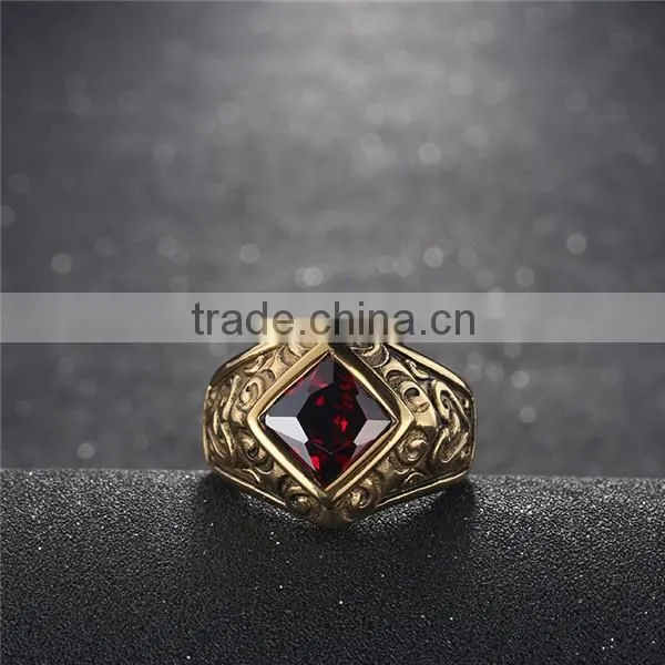 vintage cubic zircon engrave antique gold 316L stainless steel rings band for men