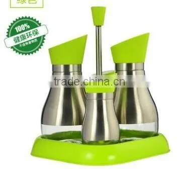 Glass oil vinegar spice cruet set with metal coating and stand