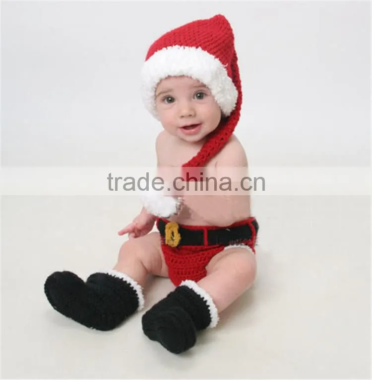 Crochet Christmas Costume Hat&Diaper/Pants Set Newborn Baby Photo Props Toddler Santa Photography Props