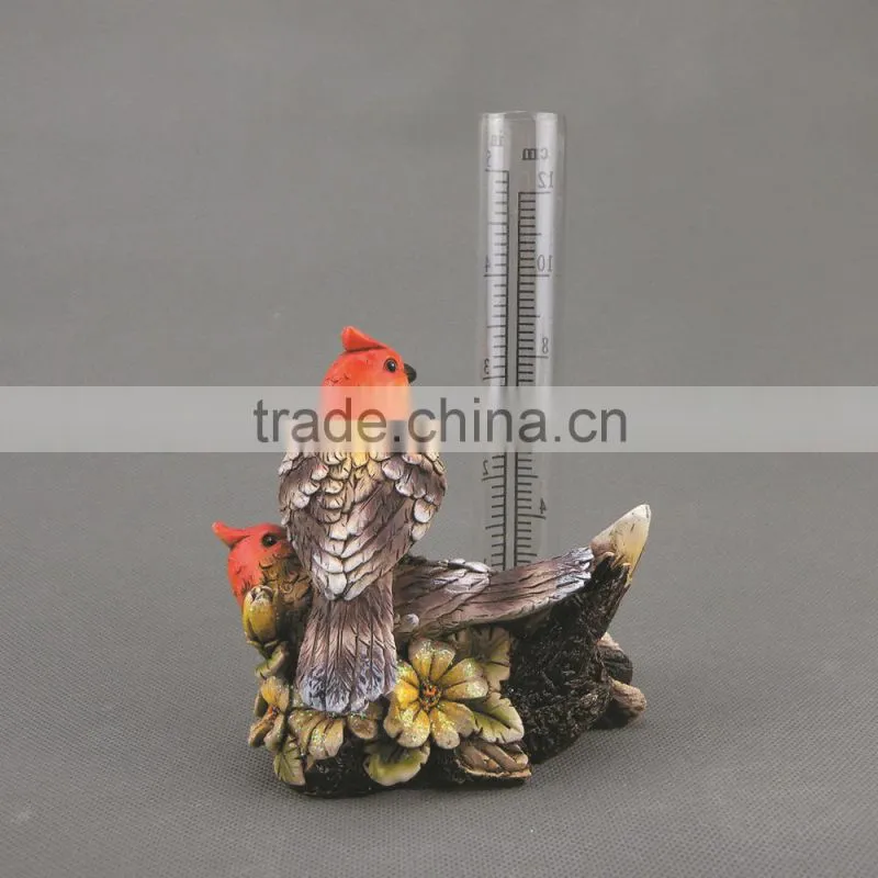Polyresin Decorative Garden Bird on Branch Rain Gauge,Resin Brid Design Rainfall Records