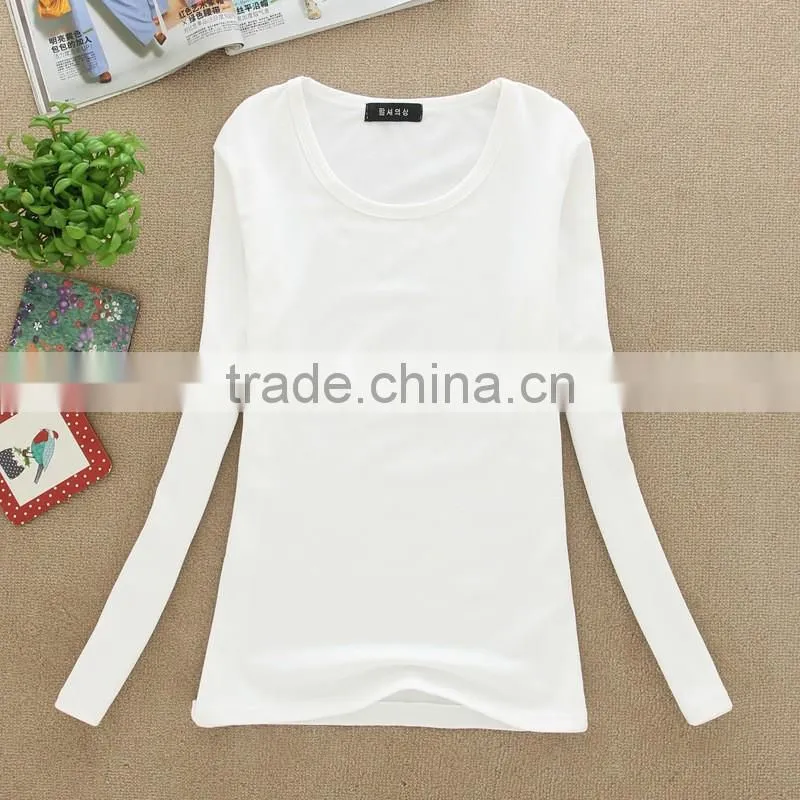 Lady fashion 100%cotton top plain women long sleeve t shirt