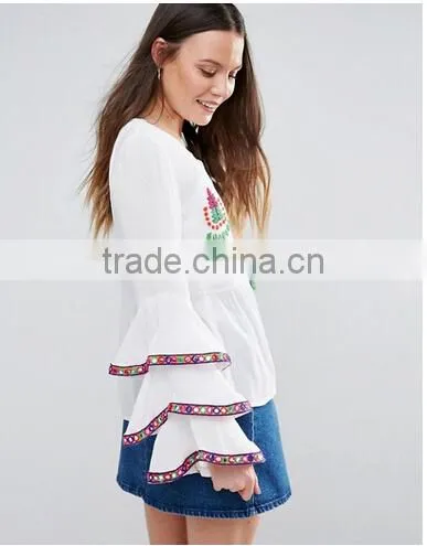 New Designs Fashion Hot Sale Boho Blouse Embroidered Layered Sleeve Women Tops Blouse