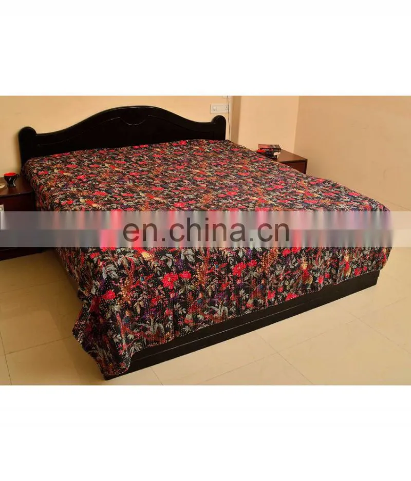 Black Cotton Kantha Work Bird Print Bed Cover Kantha Bird Print Quilt Bedding
