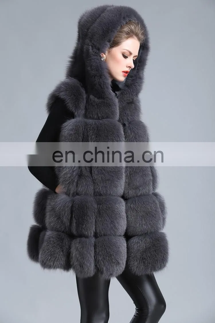 2015 New Style Whole Leather Real Fox Fur Hood Long Style Vest Girl Gilet Beautiful Women Vest