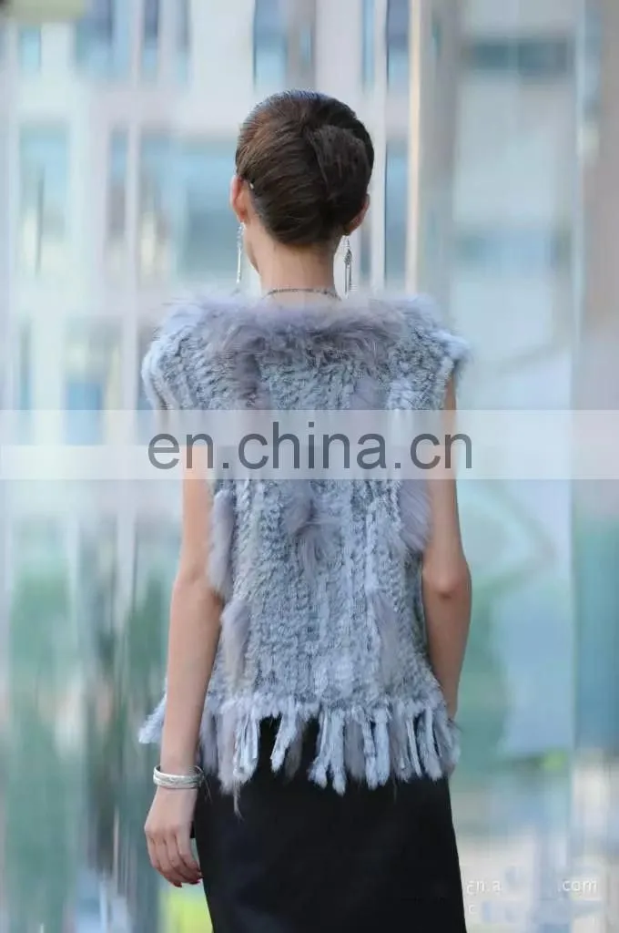 European style knitted rabbit fur vest with raccoon fur trimming for women