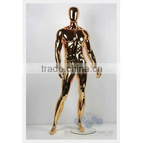 Full body standing silver chrome male mannequin with egg head