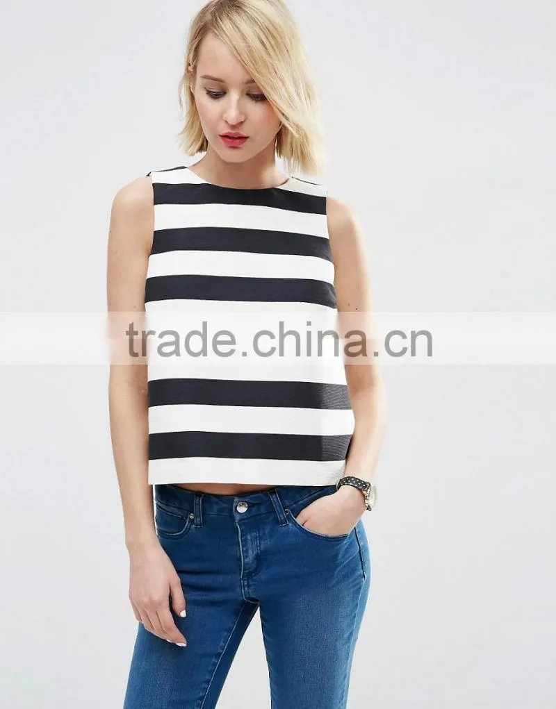 Stripe fashion lady cutting blouse latest tops designs girls