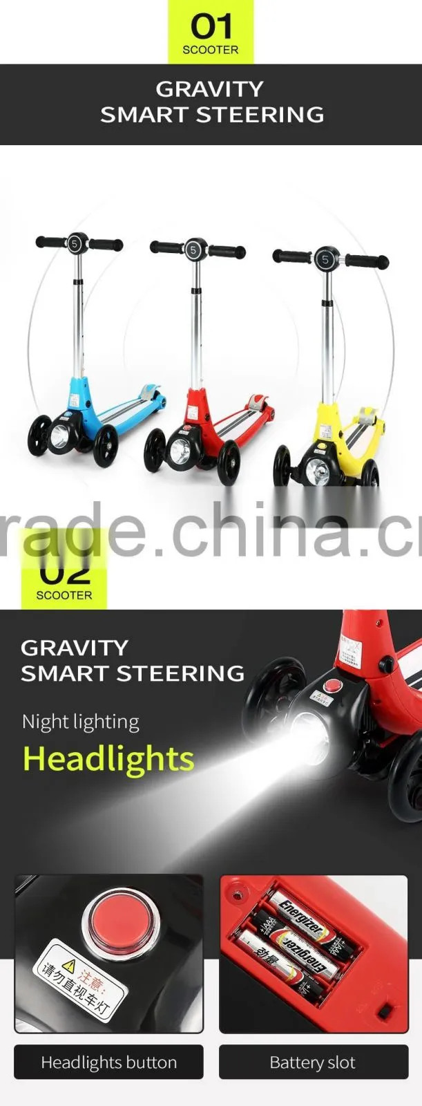 Rastar kid toy china stunt toy flash light scooter 3 wheels