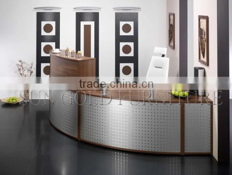 Modern Chinese factory wholesale and High Quality Curved Stainless Steel and Wood Office Table,Office Reception Desk (SZ-RT042)