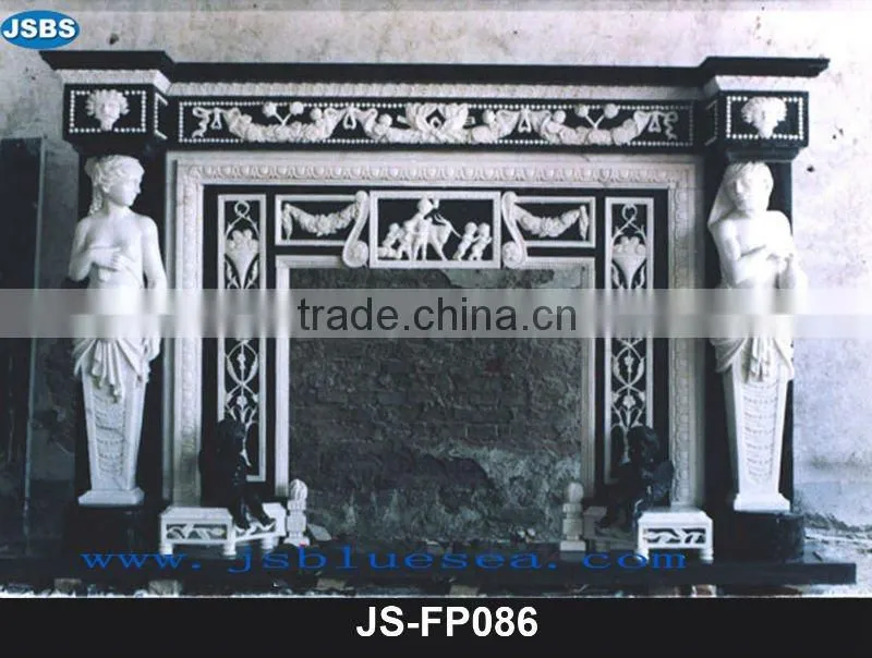 Beige marble fireplace with lady statue