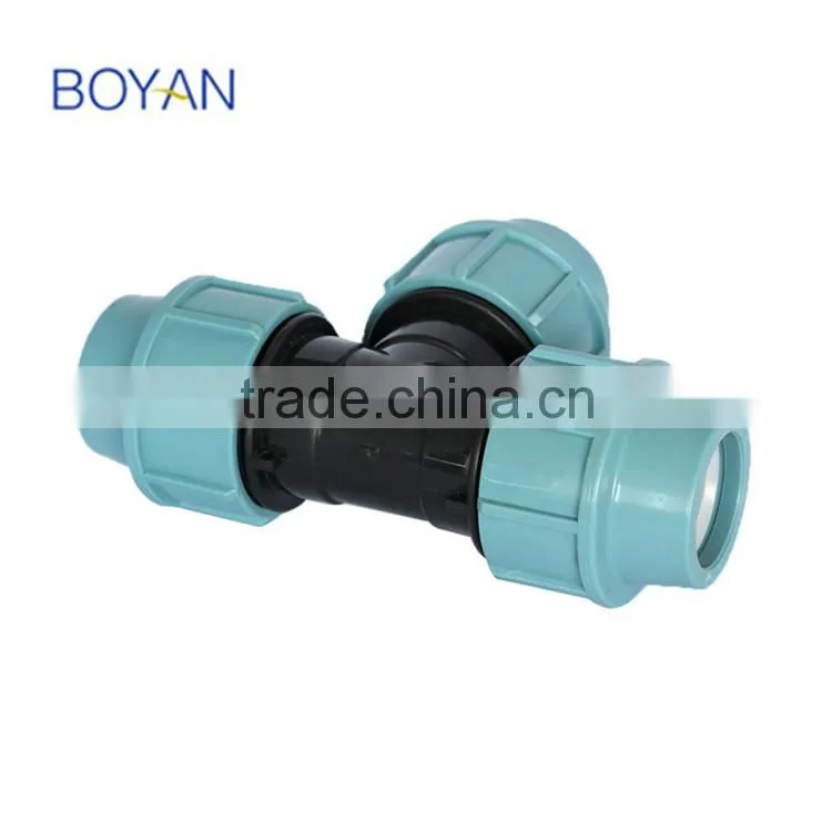 BOYAN zhejiang taizhou light blue 20mm-110mm for irrigation plastic equal tee pp compression fitting