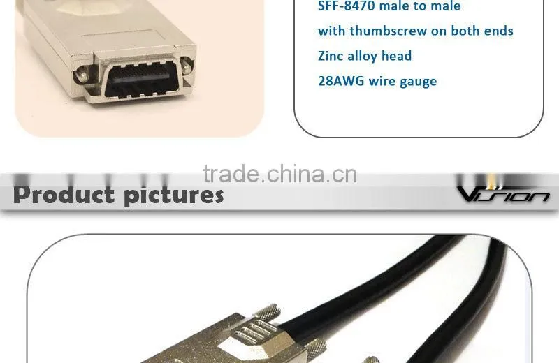 2m zinc alloy External CX4 Mini SAS SFF-8470 to SFF-8470 infiniband Cable with thumbscrews