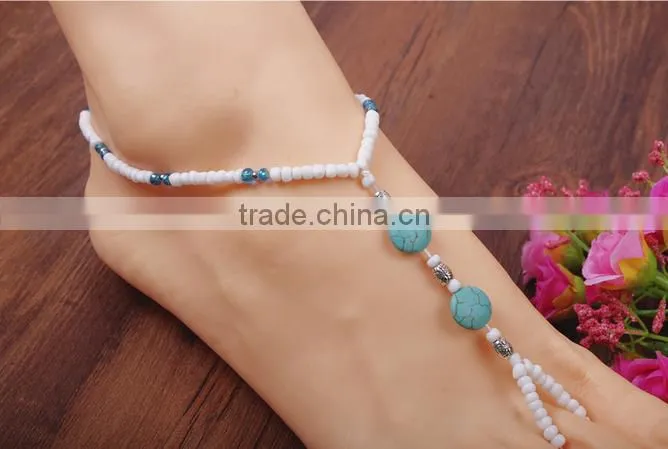 Gemstone Turquoise Beads Pearl Barefoot beach sandals Bridal diamante anklet