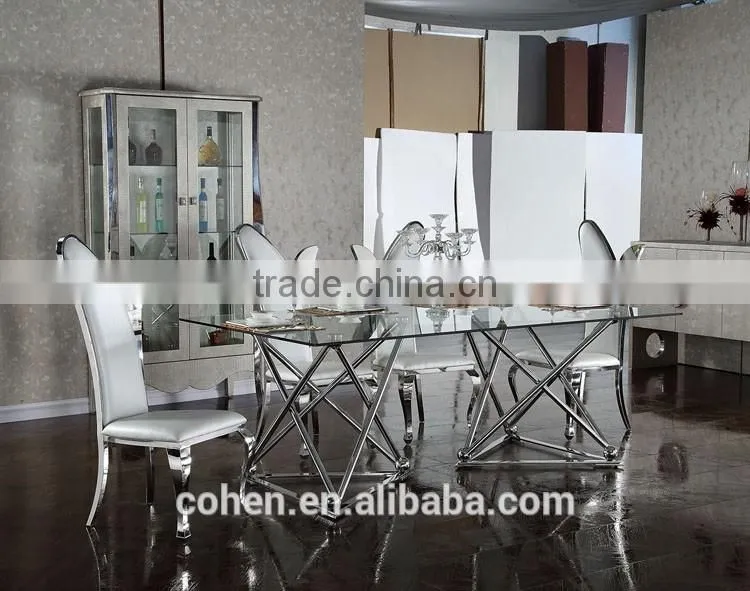 Cohen furniture factory direct sale modern glass top dining table and chair/restaurant table for stainless steel furniture