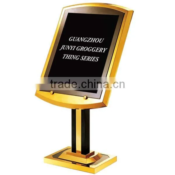 Deluxe golden frame hotel sign stand/ outdoor fashionable iron foot at pavement sign stand/ advertising poster stands P-17