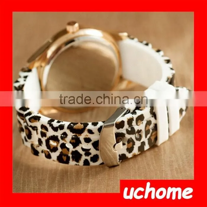 UCHOME Wholesale Fashion Stainless Steel Back Leopard Geneva Silicone Watch Woman