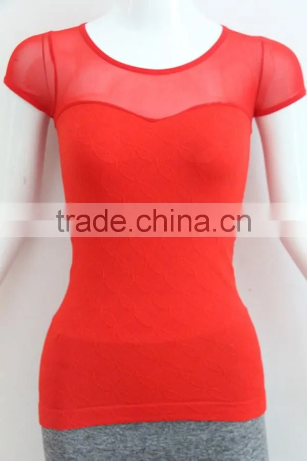Ladies red short sleeve T-shirt with mesh in shoulder part