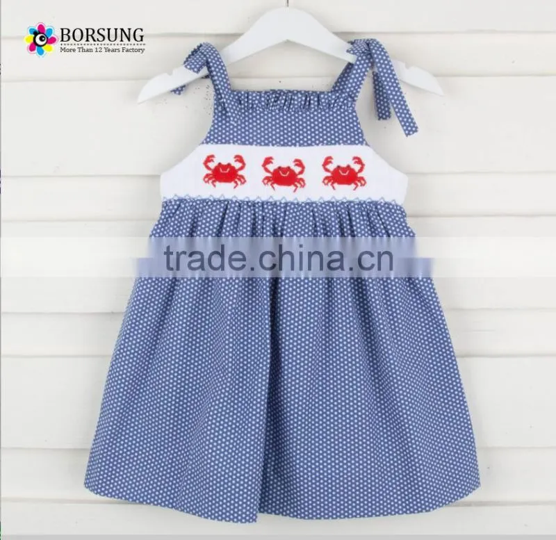 Baby Boutique Cotton blue sleeveless Smocked girl dresses Summer Frock Design for kids clothing