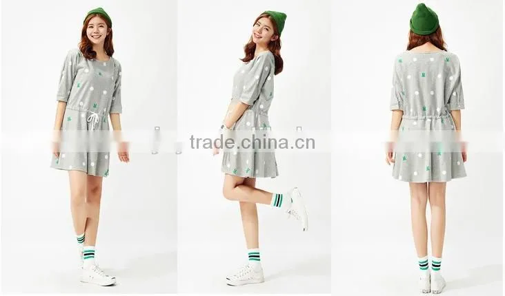 Female money shallow hemp grey knitted rabbit dot printing on the waist rope bat sleeve dress