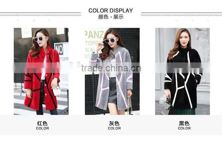 Newest merino sheep shearing coat contrast color fur one piece overcoat colorant match female medium-long overcoat