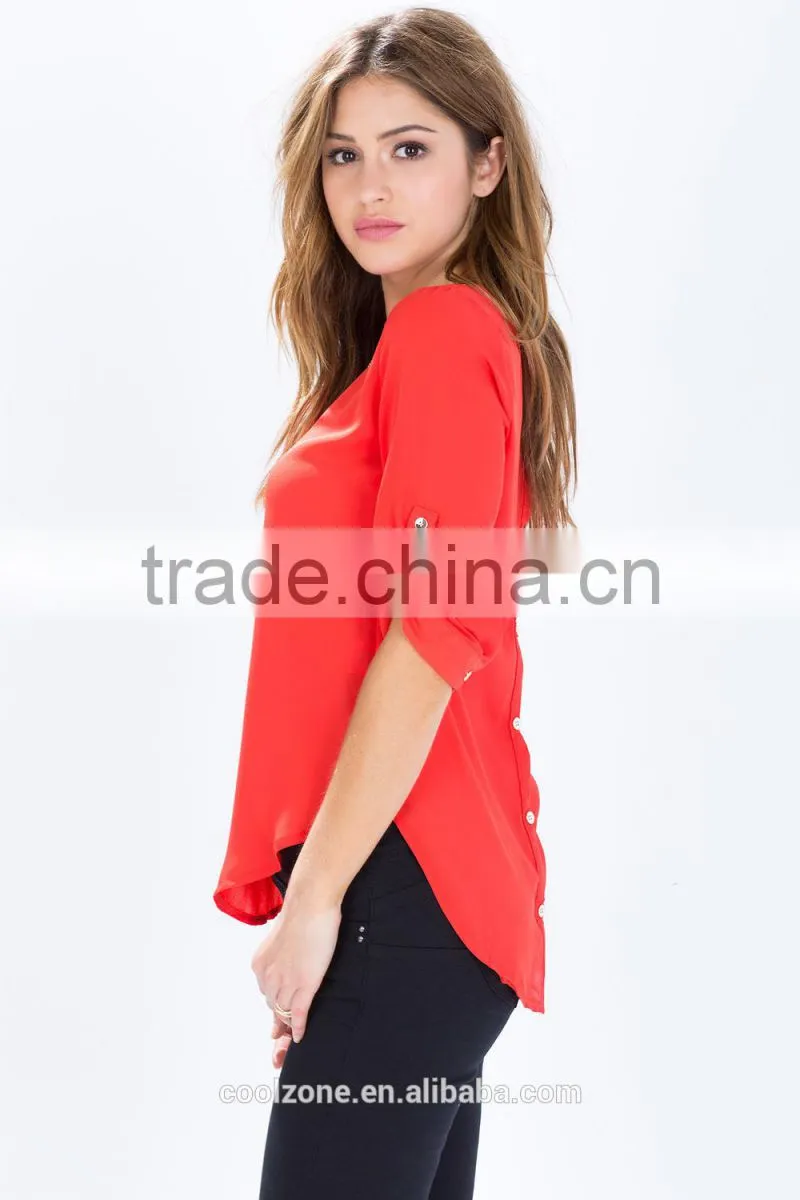 Latest roll sleeves beaded woman blouse fashion blouse for daily life