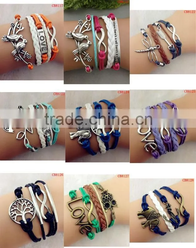CB8172 pink wax rope anchor sliver leather bracelet wedding decoration