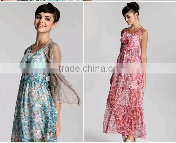 2015 Chiffon Fabric Floral Printed Latest Maxi Dress