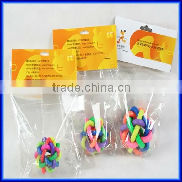 Colorful rainbow soft rubber dog chew bell ball, TPR woven teeth-cleaning pet toy chew bell ball