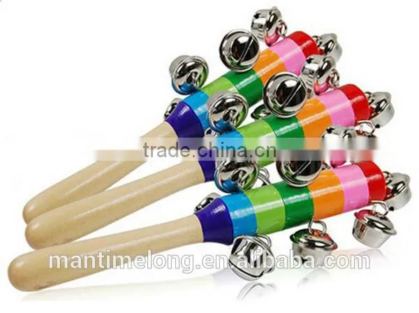 Baby Rainbow Toy Kid Pram Crib Handle Wooden Activity Bell Stick Shaker Rattle