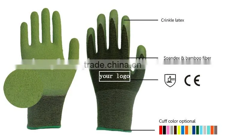 13 Gauge Bamboo Fiber Woven Crinkle Latex Rubber Work Gloves For Self Defense Safety
