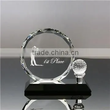 Wholesale custom round shape crystal glass golf trophy plaque for sports souvenir