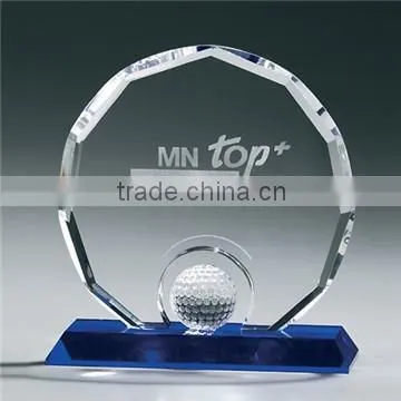 Wholesale custom round shape crystal glass golf trophy plaque for sports souvenir