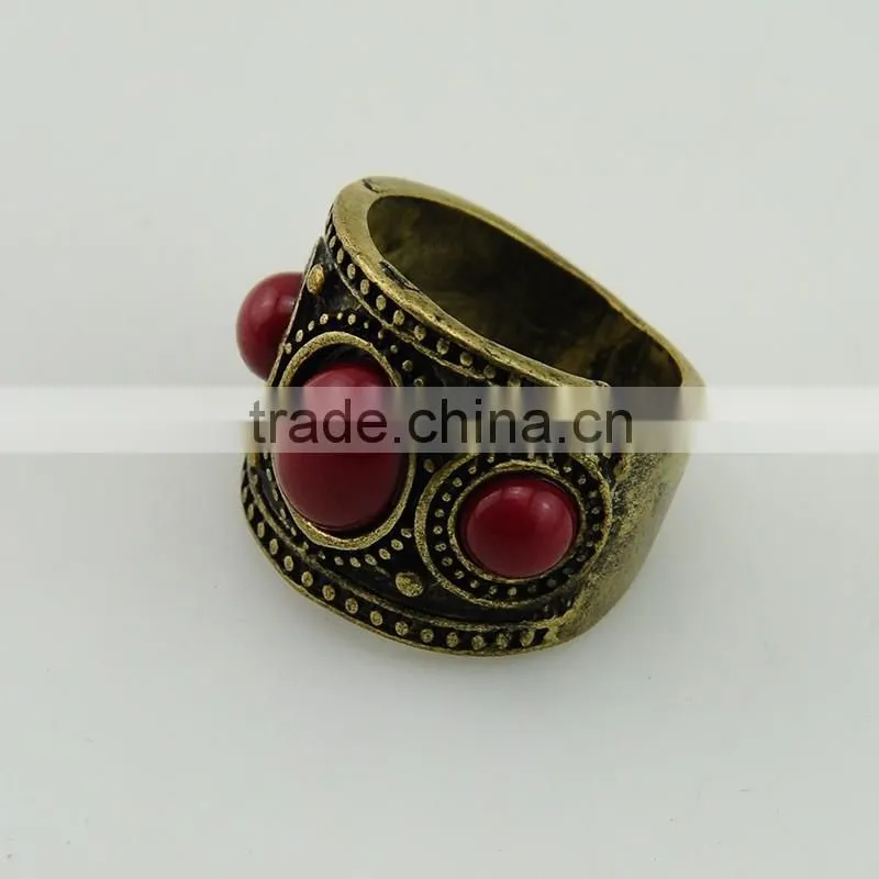 Fashion Nail Indian Style Wide Anti Brass Red Resin Gold Ring