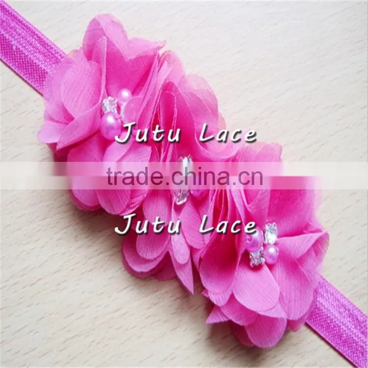 Elastic pearls headband with mini rhinestone petals flower and elastic ribbon, mini crystal flower hair accessories