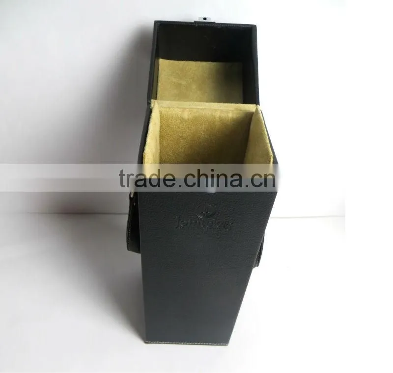 Customized wooden PU leather black wine box with handle packaging wholesale
