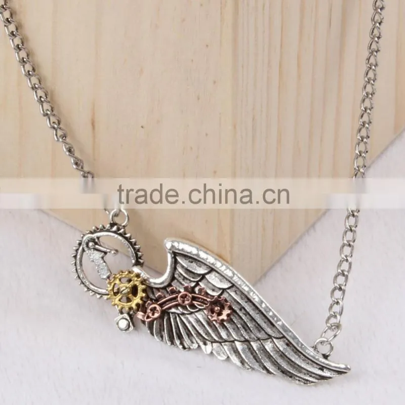 2015 yiwu fashion jewelry hot sale new design steampunk necklace gear steam angel wing necklace statement necklace