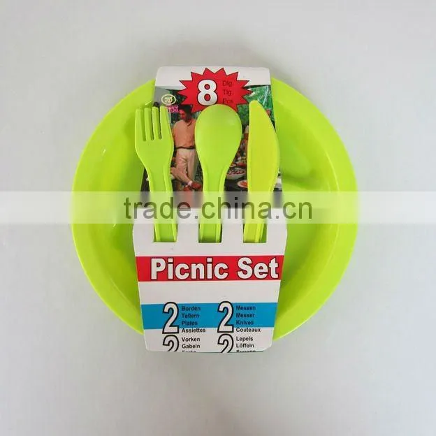 8 pcs green round plate plastic tableware picnic set