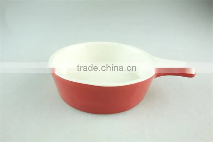 hot selling glazed red ceramic bake plate with one handle, durable ceramic bakeware
