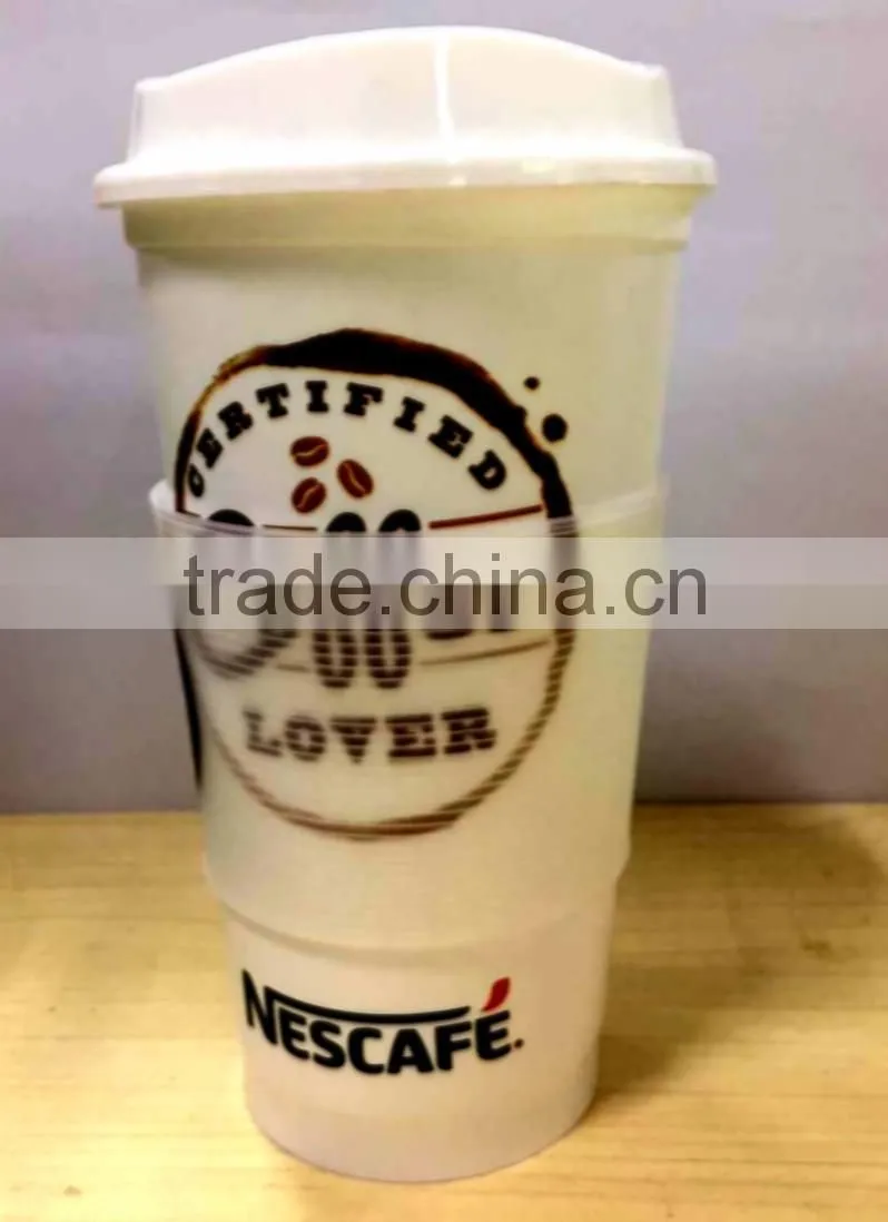 Hot and cold Plastic travel coffee cup with lid and silicone band