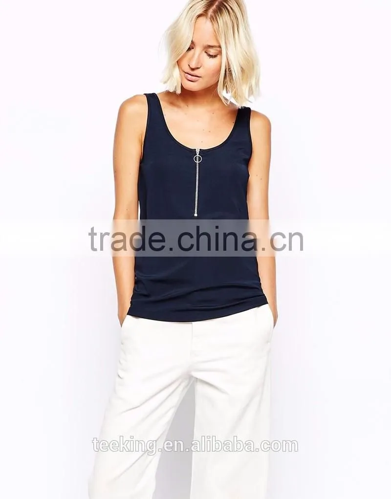 fashion navy color ladies zip front plain tank top